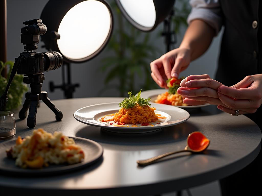 Professional food photographer styling and capturing beautiful culinary images with professional lighting