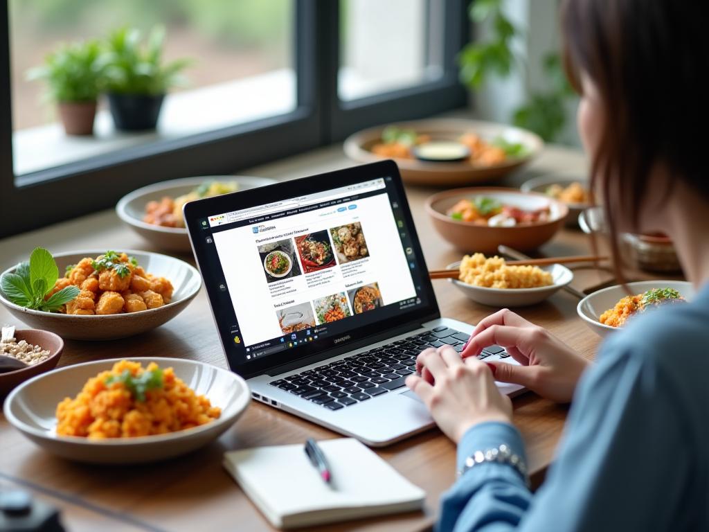 Food blogger creating editorial content about Singapore cuisine with laptop and traditional dishes