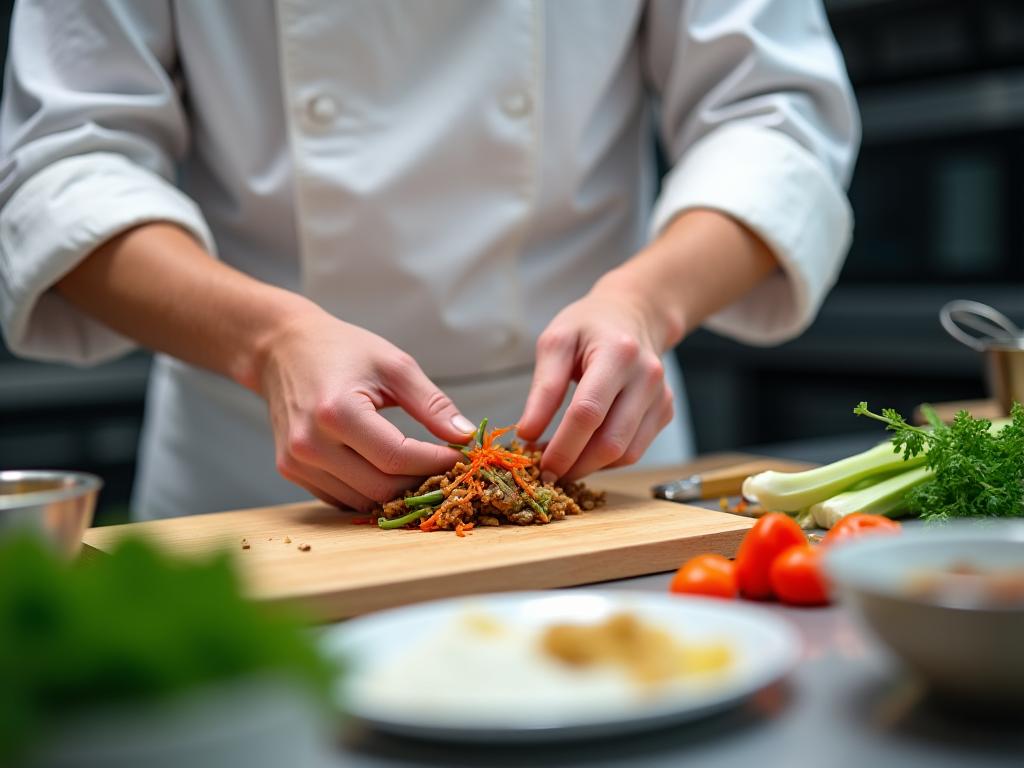 Chef testing and developing authentic Asian recipes in professional kitchen setting