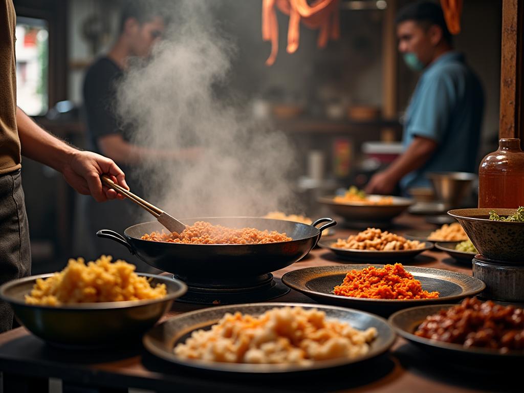 Traditional Singapore hawker preparing heritage dishes in historic setting with cultural elements