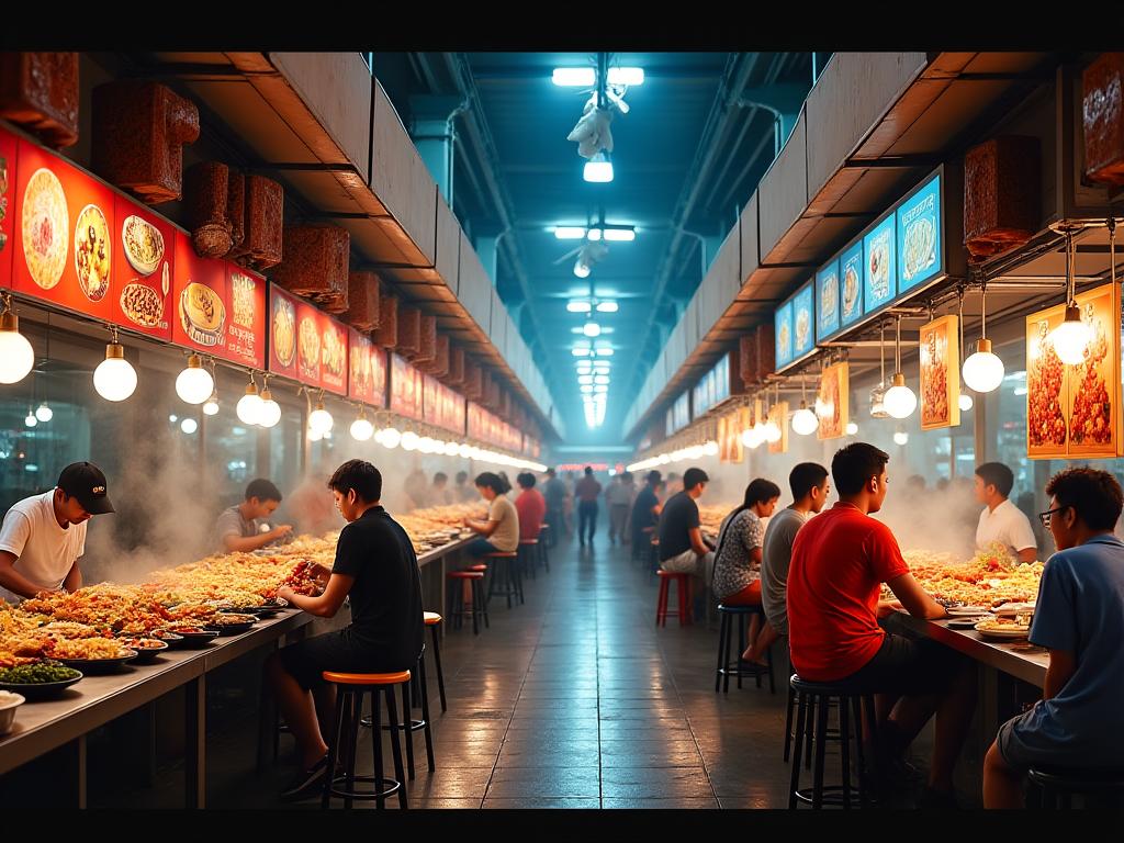 Vibrant Singapore hawker center with diverse street food stalls and traditional dishes